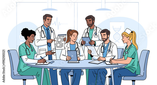 Diverse group of medical professionals collaborating in a hospital meeting, discussing patient care and medical research.