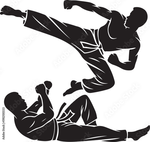 Martial arts fighters silhouettes vector illustration action pose dynamic movement training self defense