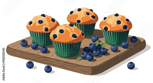 Fresh Blueberry Muffins on Wooden Board - Delicious Baked Goods