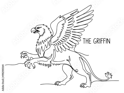 Griffin mythical creature with eagle wings and lion body in continuous line drawing style