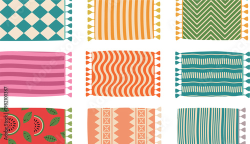 Colorful decorative textile patterns collection with tassels geometric stripes chevron tribal and fruit motifs seamless grid design