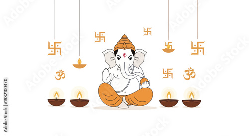 Lord Ganesha Sitting with Om Symbols, Swastikas, and Diyas - Hindu Festival Celebration