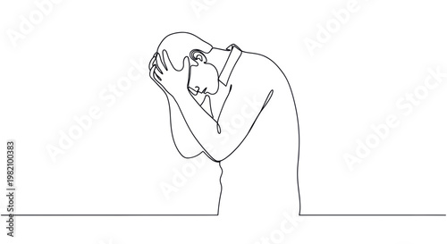 Man holding head in despair, single line drawing, emotional stress, mental health concept