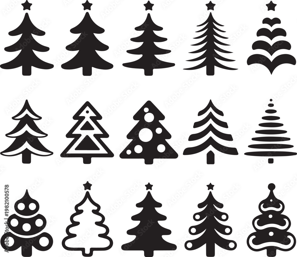 Obraz premium Assortment of decorative Christmas trees, unique silhouettes, holiday celebration icons