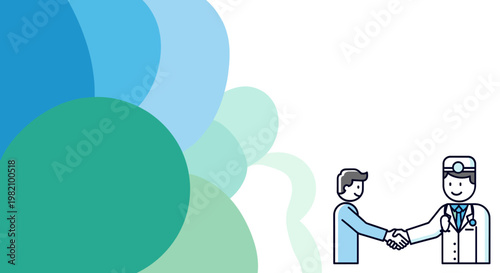 A doctor and a patient shaking hands, symbolizing a medical consultation, partnership, or agreement in a healthcare setting with abstract blue and green circles.