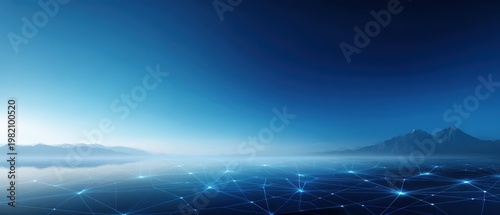 Futuristic digital network connections over calm ocean with mountains, blue technology background panorama