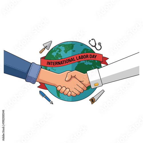 International Labor Day vector illustration with a handshake over a green globe decorated with a red ribbon and various tools representing worldwide worker unity and environmental labor rights.