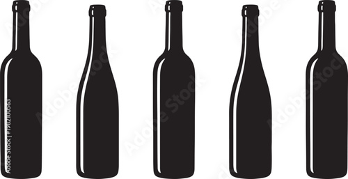 A set of isolated wine bottle vector illustrations featuring red and green glass with blank labels and corks for a winery product display on a white background