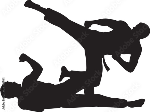Martial arts sparring silhouette showing karate kick and defensive ground move for sports competition
