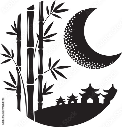Bamboo silhouette with moon and pagodas in circle on transparent background