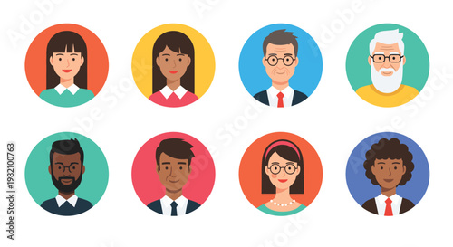 Diverse collection of people avatars representing different ethnicities, ages, and genders displayed in colorful circles for user profiles.