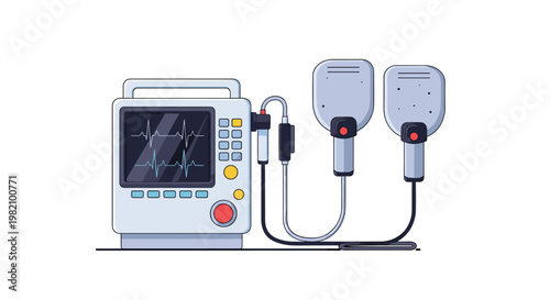 Modern medical defibrillator machine displaying heart rate rhythms on a screen with two hand-held paddles used for emergency cardiac care.