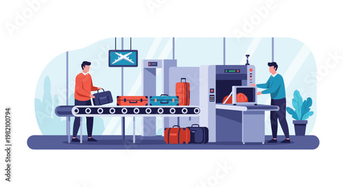 Airport security checkpoint scene showing passengers placing their luggage on a conveyor belt for X-ray scanning before their flight departure.