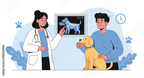 Female veterinarian in a white lab coat showing a worried dog owner an X-ray of their pet while the golden retriever sits calmly nearby.