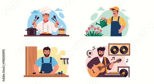 Set of illustrations depicting various professional workers including a chef, a gardener, a carpenter, and a musician playing the guitar.