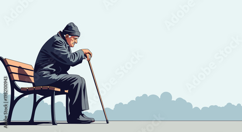 Pensive elderly man sitting alone on a wooden park bench while leaning on his walking cane against a soft blue and grey background scene.