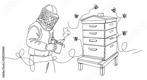 Beekeeper in protective suit using smoker near wooden beehive with flying bees in minimalist continuous line art style