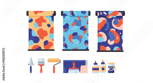 Home renovation tools and supplies including wallpaper rolls with abstract patterns, paint rollers, brushes, and glue for interior design.