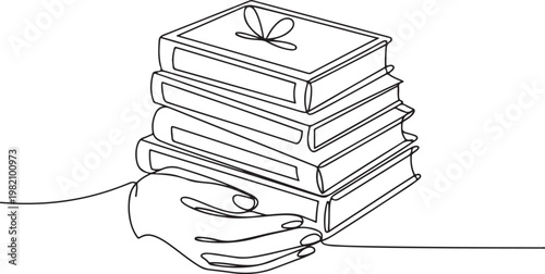 Continuous line art of hand holding stack of books with ribbon symbol for education and knowledge