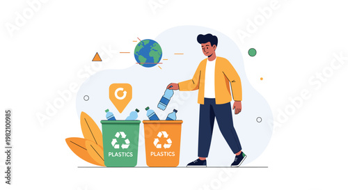 Responsible young man disposing of empty plastic water bottles into green and orange recycling bins to help protect the environment.