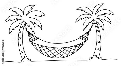 Hammock hanging between two palm trees on a tropical beach in continuous line art style