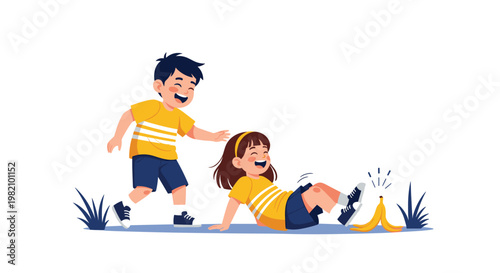 Two cheerful children laughing together after a young girl accidentally slipped on a yellow banana peel while playing outdoors in the grass.