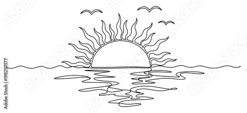 Sun setting over ocean waves with birds flying in minimalist line art style