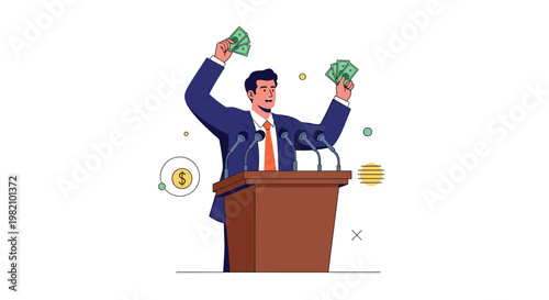 Confident politician or businessman standing at a podium with multiple microphones while holding bundles of cash in both of his hands.