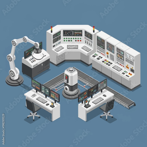 Modern industrial control room with robotic arm and conveyor belt system, isometric view.