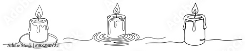 Burning candles with wax drips and lit flames in continuous line drawing style