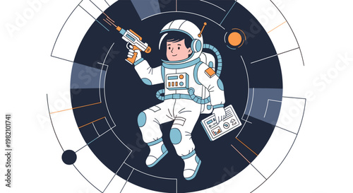 Young boy dressed as an astronaut floating in space with a ray gun and a tablet against a dark circular background with galactic elements.