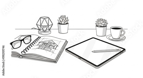 Creative Studio Desk Outline Vector