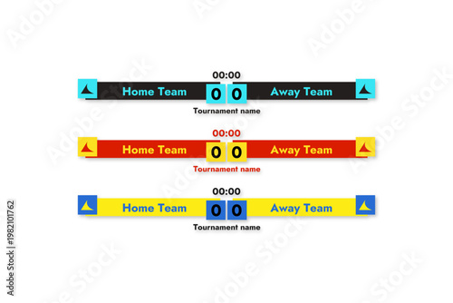 Soccer scoreboard broadcast graphic bar set vector sport game score lower third for football tournament display isolated on white background