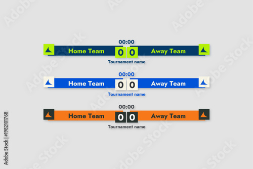 Soccer match scoreboard broadcast graphic bar set vector sport score lower third for football league display isolated on light grey background
