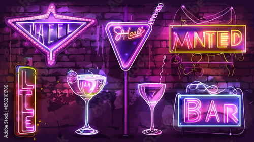 Vivid neon signs & drinkware against a brick wall background with vibrant pink and purple hues