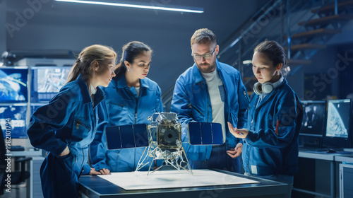 Innovative Science and Technology Research Team in Modern Lab Collaborating on Space Exploration and Engineering Concepts