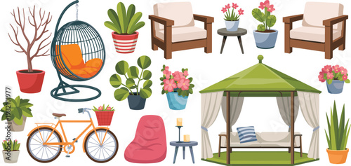 Garden furniture and outdoor decor set with gazebo armchairs hanging chair bicycle potted plants and floral arrangements vector illustration