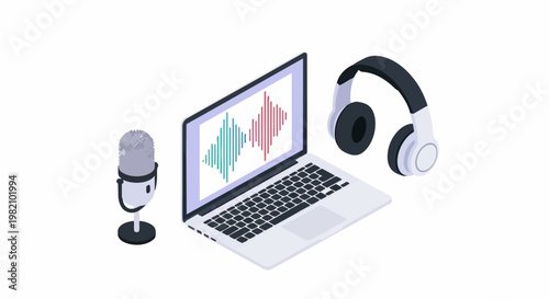 Modern Isometric Podcast Studio Setup with Laptop, Microphone, and Headphones for Digital Audio Recording, Streaming, and Voiceover Work