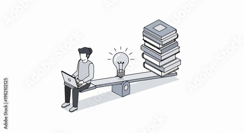 Isometric Illustration of Person Balancing Online Learning with Traditional Books on a Seesaw with a Lightbulb, Concept of Knowledge and Creative Idea