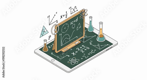 Isometric Online Education Concept Featuring Mathematical Formulas, Science Equations and Chemistry Beakers on a Digital Tablet