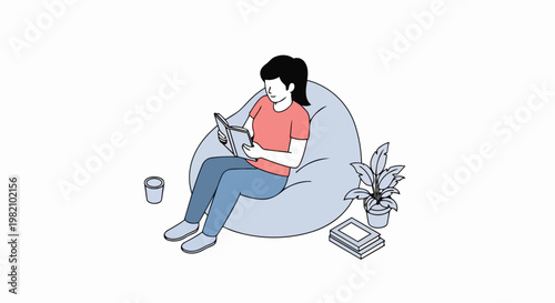 Young Woman Reading a Book while Sitting on a Comfortable Beanbag Chair, Minimalist Vector Illustration of Relaxation, Education, and Leisure at Home