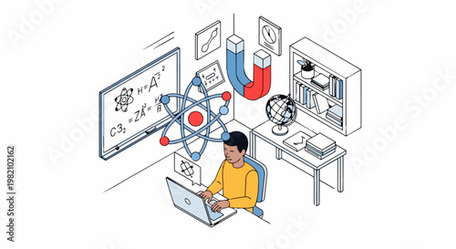 Student Studying Science and Physics Online Isometric Illustration - E-learning, STEM Education, and Research Concept