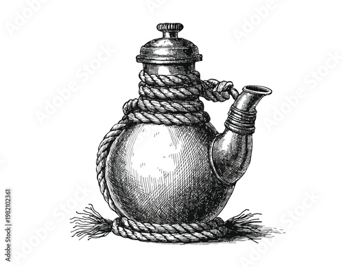 Antique brass teapot wrapped in rope with a decorative lid and spout
