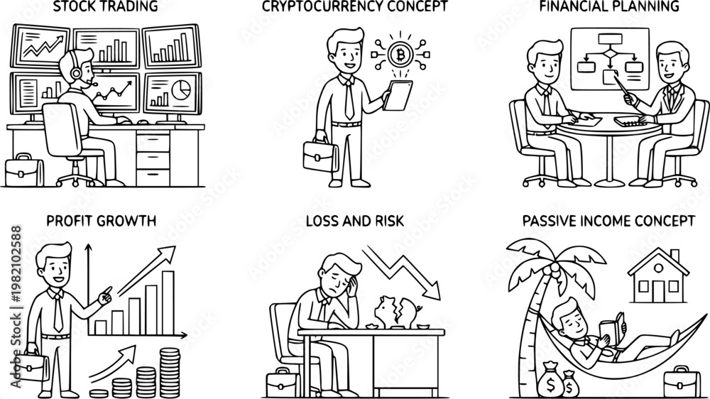 Fototapeta premium Business and Finance Line Art Illustration Set, Stock Trading Cryptocurrency Financial Planning Profit Growth Loss Risk and Passive Income Concept