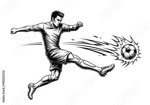 Dynamic soccer player executing a powerful kick on a ball with motion lines.