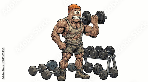 Cartoon illustration of a muscular man lifting weights in a gym with dumbbells on a rack