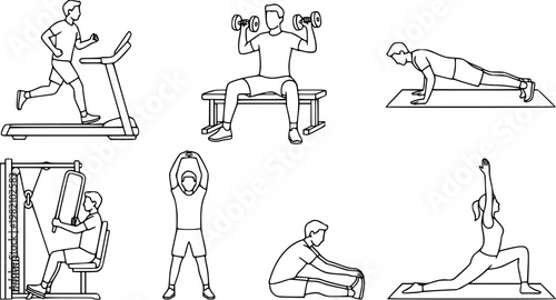 Fitness and Workout Activities Line Art Illustration Set, People Exercising Running Weight Training and Stretching