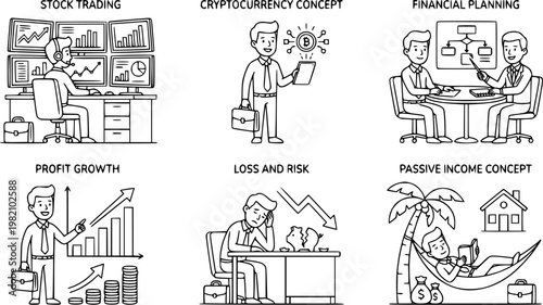 Business and Finance Line Art Illustration Set, Stock Trading Cryptocurrency Financial Planning Profit Growth Loss Risk and Passive Income Concept