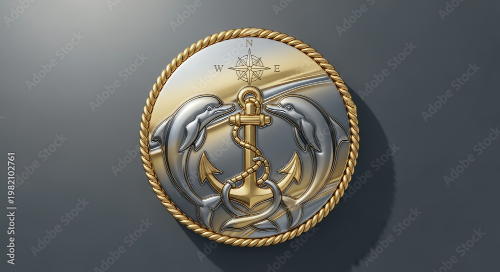 Obraz premium Nautical Emblem: Dolphins, Anchor, Compass Rose, Rope Border