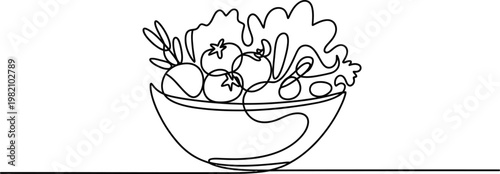 Continuous single line drawing of fresh vegetable salad in bowl representing keto healthy food concept